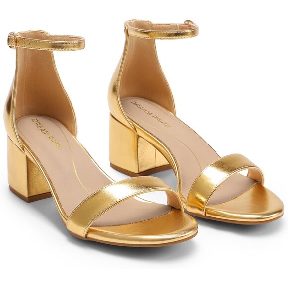 Dream Pairs Women's Gold-metallic Chunky Block Heel Ankle Strap Sandals Shoes - Picture 3 of 7